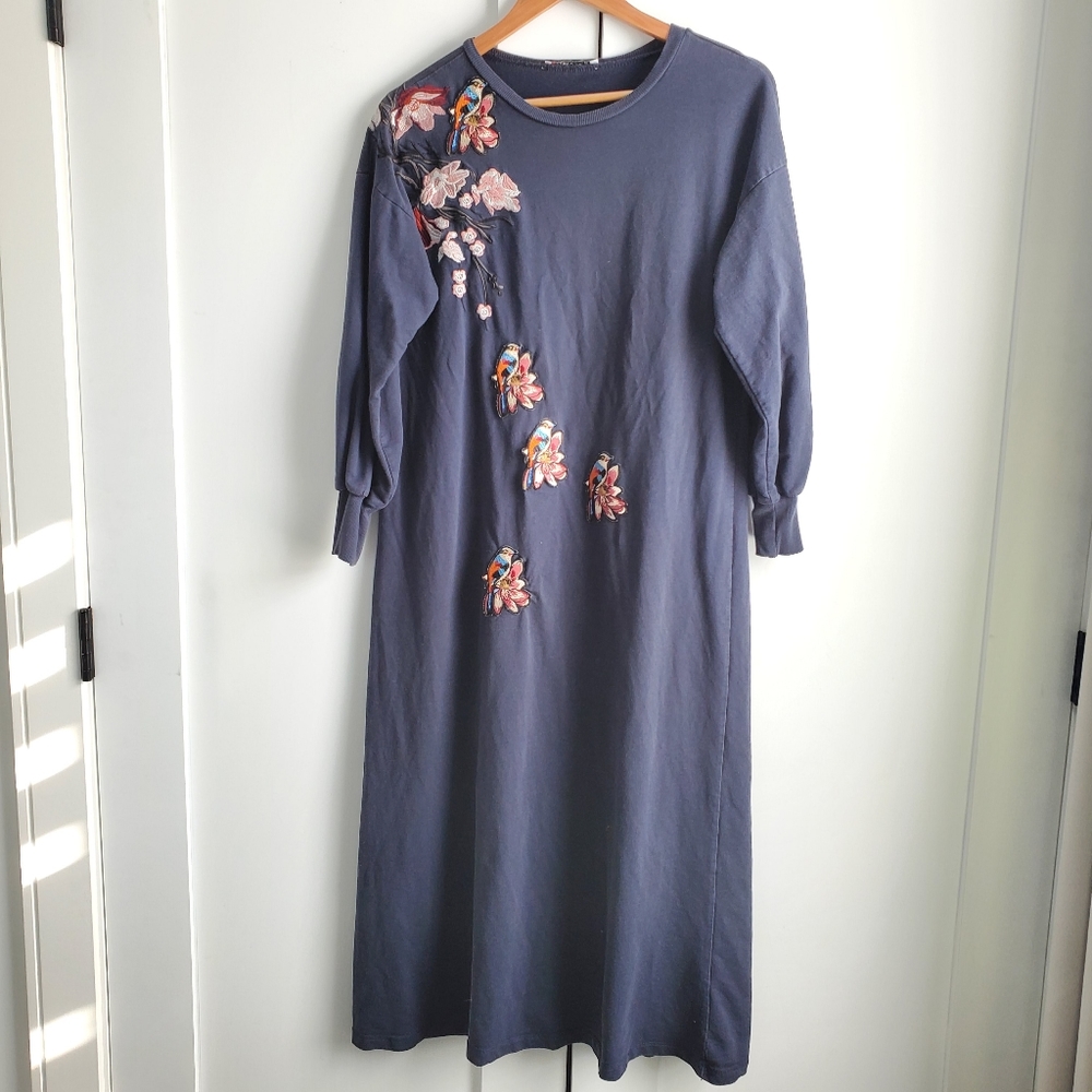 Benin Style Womens Maxi Navy Blue Long Sleeve Stretchy Jersey Dress Robe Size S.
